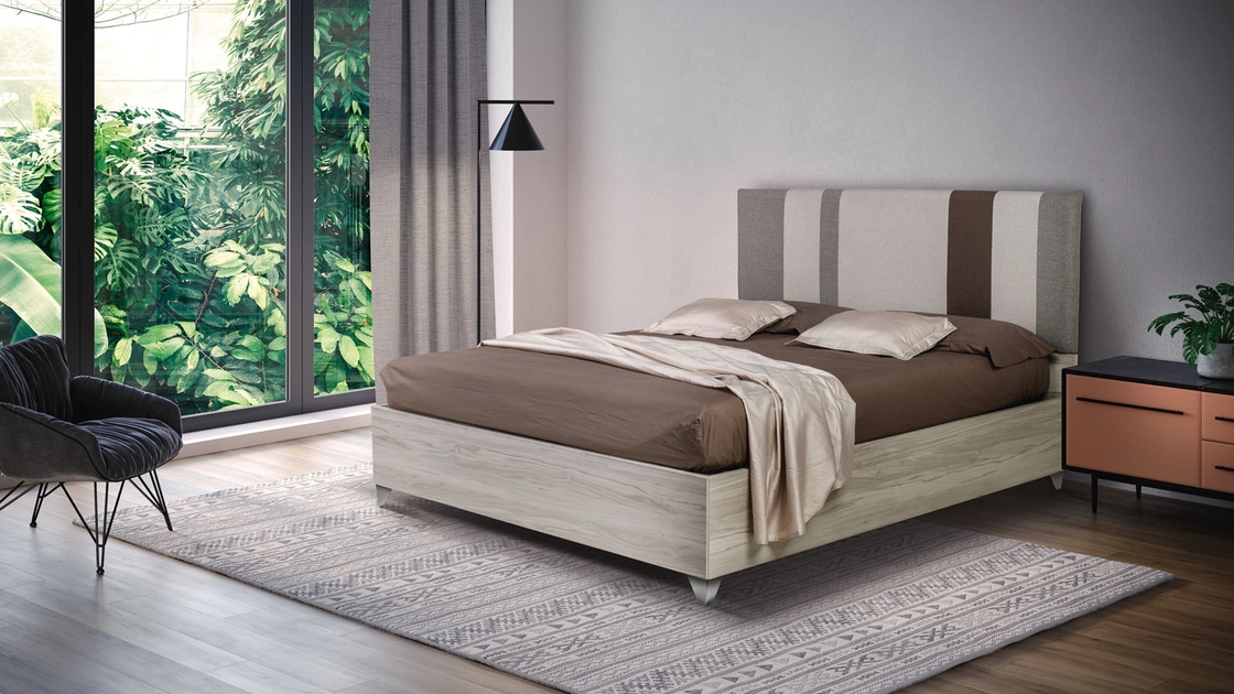 Letto Mistral con testiera imbottita e giroletto in legno di Noi della Notte