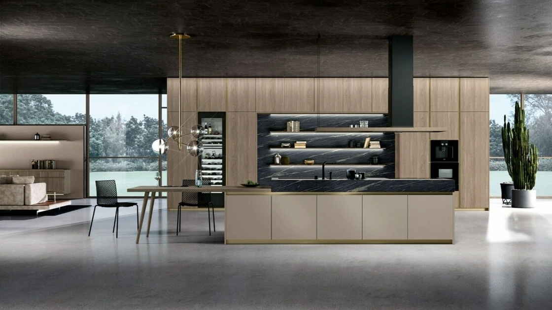 Cucina Moderna Vivere Italia 03 in finitura noce biondo e PET cashmere di Spagnol Cucine
