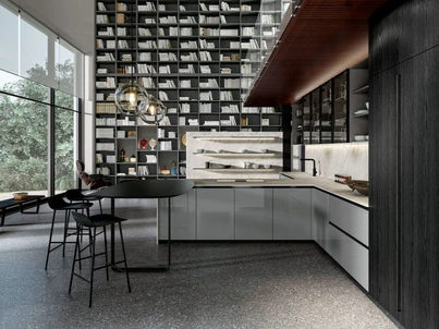 Cucina Moderna con penisola Vivere Italia 05 in laccato lucido e Rovere di Spagnol Cucine