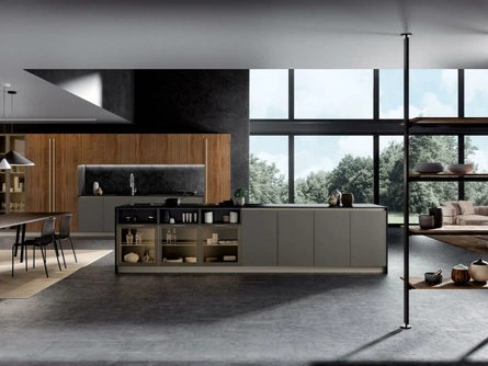 Cucina Moderna Viverecon isola Italia 09 in PET grigio polvere e noce canaletto di Spagnol Cucine