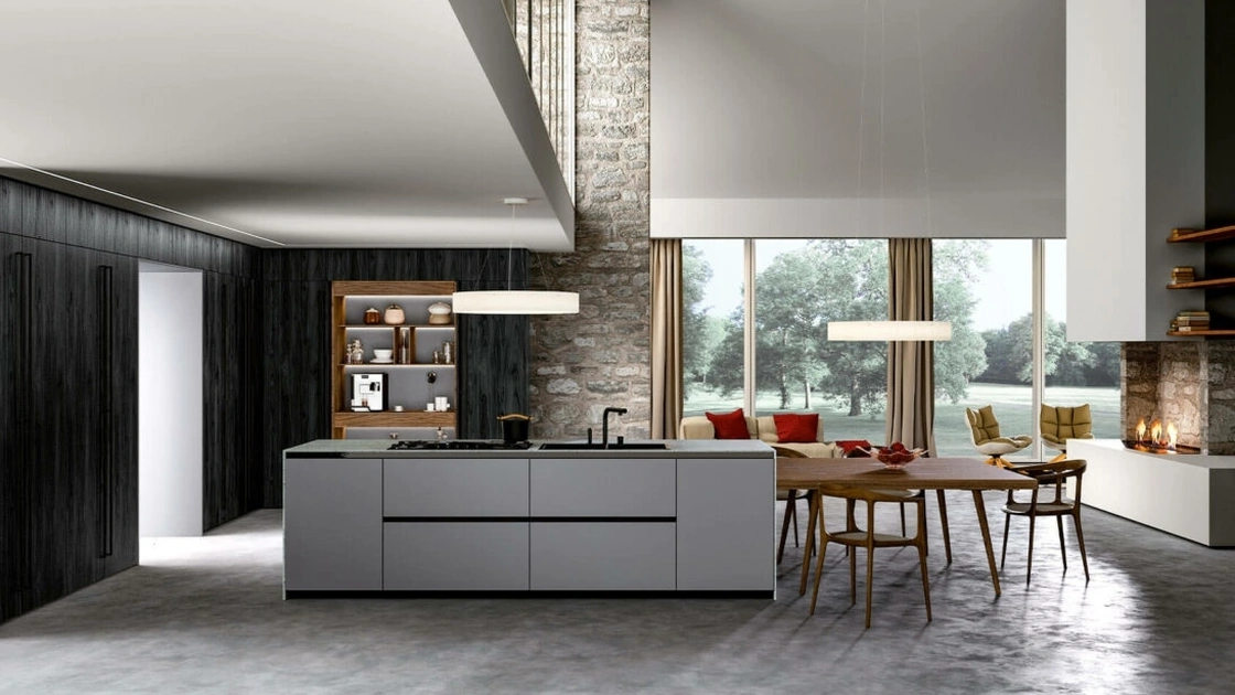 Cucina Moderna in legno impiallacciato con isola in Fenix Vivere Italia 10 di Spagnol Cucine